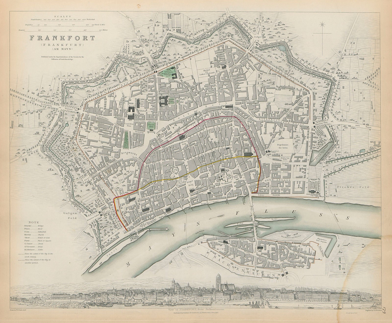 FRANKFURT AM MAIN Antique city town map plan Panorama am Mayn SDUK 1844
